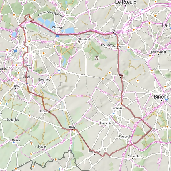 Map miniature of "The Beffroi Route" cycling inspiration in Prov. Hainaut, Belgium. Generated by Tarmacs.app cycling route planner