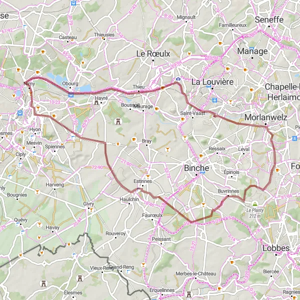 Map miniature of "The Havré and Villers-Saint-Ghislain Gravel Loop" cycling inspiration in Prov. Hainaut, Belgium. Generated by Tarmacs.app cycling route planner