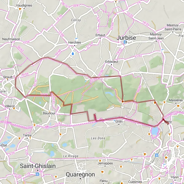 Map miniature of "The Ghlin and Sirault Gravel Loop" cycling inspiration in Prov. Hainaut, Belgium. Generated by Tarmacs.app cycling route planner