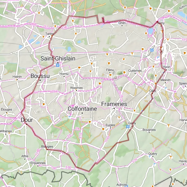 Miniatuurkaart van de fietsinspiratie "Gravelroute Ciply - Ghlin" in Prov. Hainaut, Belgium. Gemaakt door de Tarmacs.app fietsrouteplanner