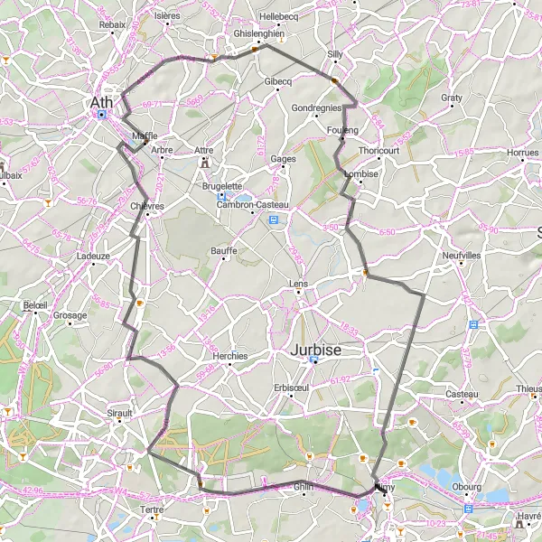 Map miniature of "The Baudour and Montignies-lez-Lens Loop" cycling inspiration in Prov. Hainaut, Belgium. Generated by Tarmacs.app cycling route planner