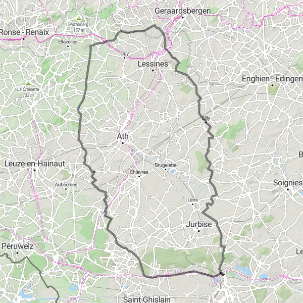 Map miniature of "The Nimy and Sirault Loop" cycling inspiration in Prov. Hainaut, Belgium. Generated by Tarmacs.app cycling route planner