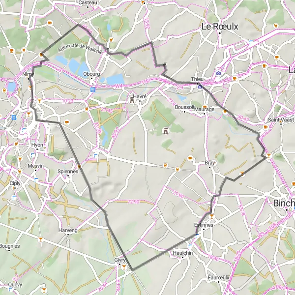 Map miniature of "The Thieu Challenge" cycling inspiration in Prov. Hainaut, Belgium. Generated by Tarmacs.app cycling route planner