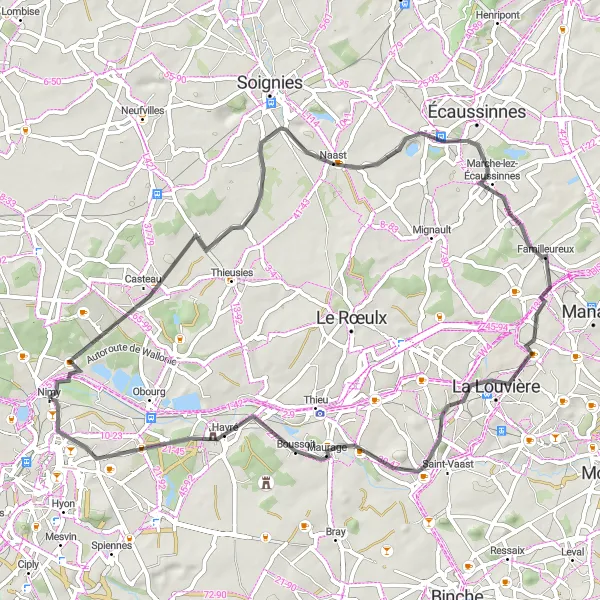 Map miniature of "The Maisières Adventure" cycling inspiration in Prov. Hainaut, Belgium. Generated by Tarmacs.app cycling route planner