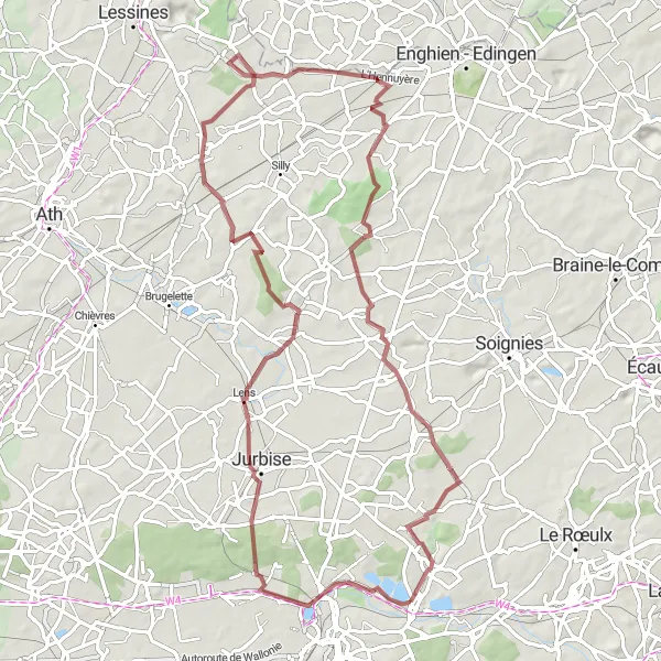 Miniatuurkaart van de fietsinspiratie "Gravelroute van Nimy naar Casteau" in Prov. Hainaut, Belgium. Gemaakt door de Tarmacs.app fietsrouteplanner