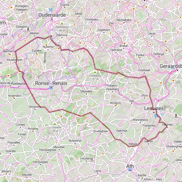 Miniatuurkaart van de fietsinspiratie "Gravelroute rond Ollignies" in Prov. Hainaut, Belgium. Gemaakt door de Tarmacs.app fietsrouteplanner