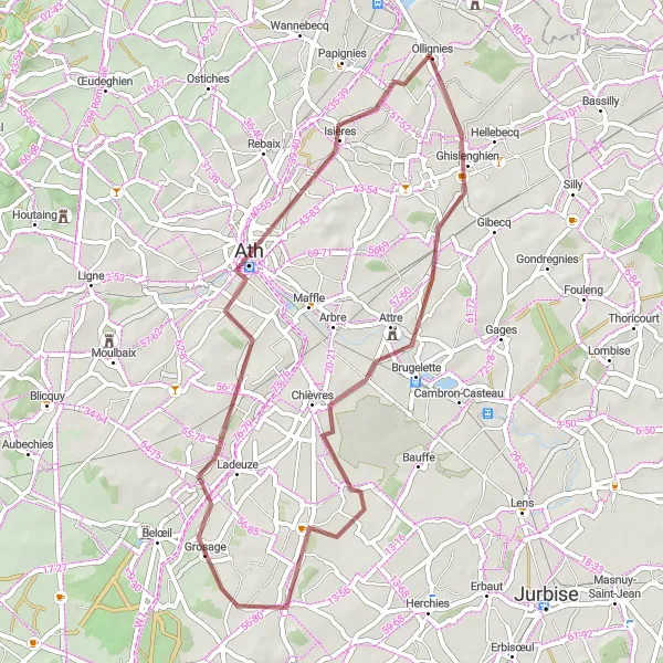 Map miniature of "Château d'Ollignies and Beyond: Gravel Cycling" cycling inspiration in Prov. Hainaut, Belgium. Generated by Tarmacs.app cycling route planner