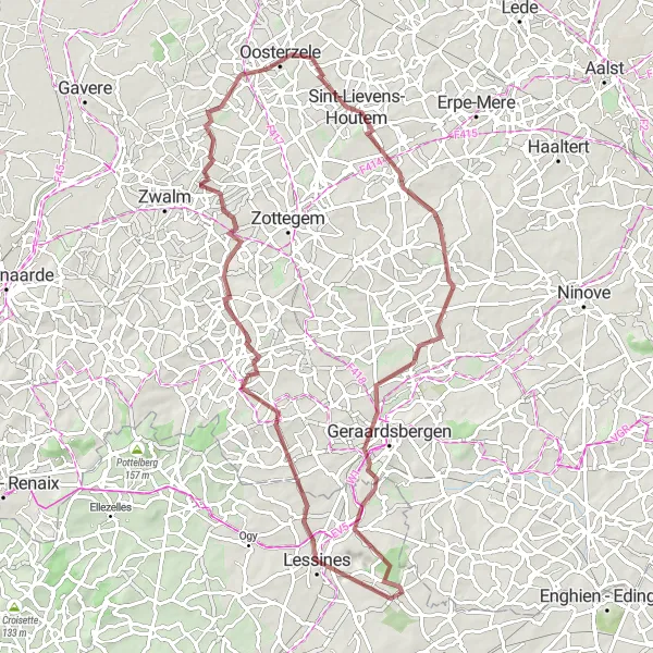 Map miniature of "Gravel Adventure: Ollignies - Lessines - Deux-Acren" cycling inspiration in Prov. Hainaut, Belgium. Generated by Tarmacs.app cycling route planner