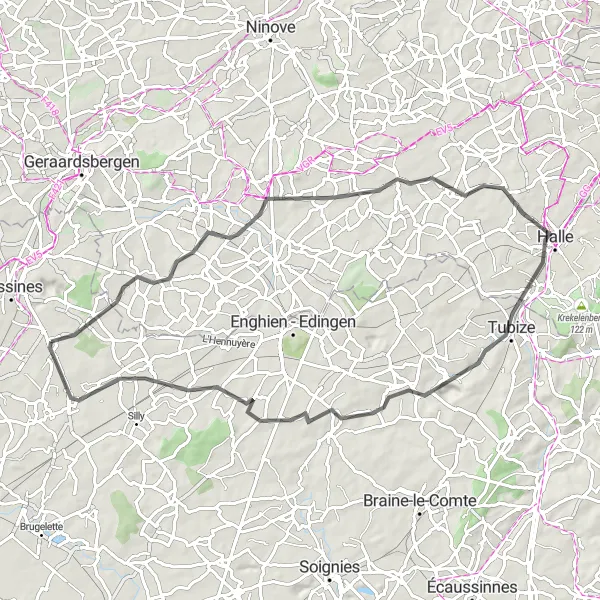 Map miniature of "Road Cycling Adventure near Ollignies" cycling inspiration in Prov. Hainaut, Belgium. Generated by Tarmacs.app cycling route planner