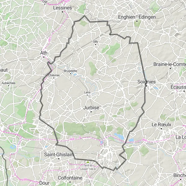 Map miniature of "Historical Road Cycling: Ollignies - Château de l'Estriverie - Soignies" cycling inspiration in Prov. Hainaut, Belgium. Generated by Tarmacs.app cycling route planner