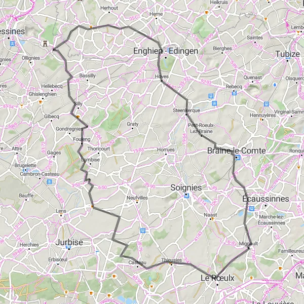 Map miniature of "Ollignies - Bever - Biévène Loop" cycling inspiration in Prov. Hainaut, Belgium. Generated by Tarmacs.app cycling route planner