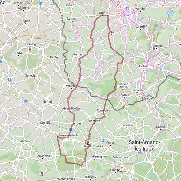 Karten-Miniaturansicht der Radinspiration "Gravelroute von Orcq nach Froidmont" in Prov. Hainaut, Belgium. Erstellt vom Tarmacs.app-Routenplaner für Radtouren