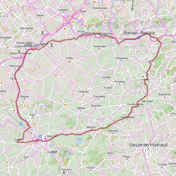 Miniatuurkaart van de fietsinspiratie "Rondrit van Orcq naar Beffroi de Tournai" in Prov. Hainaut, Belgium. Gemaakt door de Tarmacs.app fietsrouteplanner