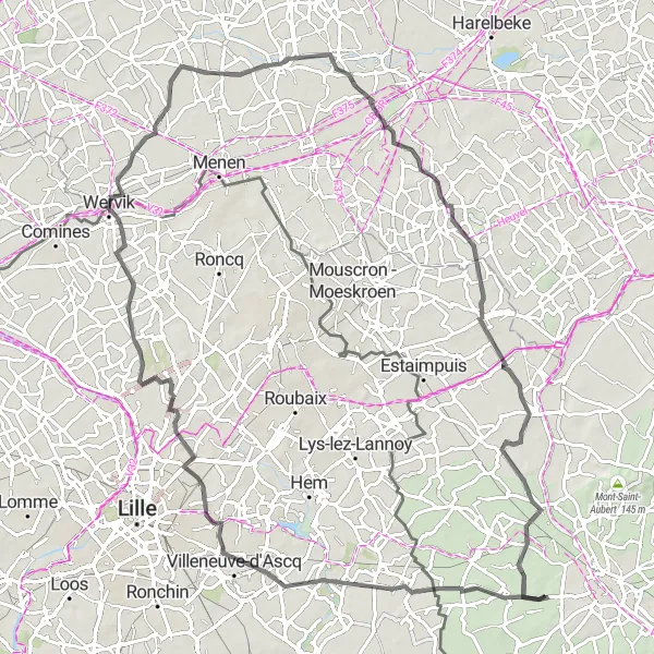 Map miniature of "Countryside Bliss to Dottignies" cycling inspiration in Prov. Hainaut, Belgium. Generated by Tarmacs.app cycling route planner