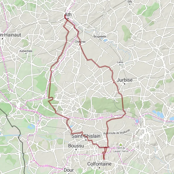 Miniature de la carte de l'inspiration cycliste "Le Tour des Terrils de Hainaut Sud" dans la Prov. Hainaut, Belgium. Générée par le planificateur d'itinéraire cycliste Tarmacs.app