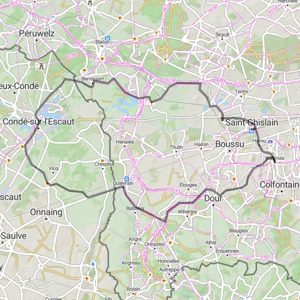 Map miniature of "Scenic Road Loop from Pâturages" cycling inspiration in Prov. Hainaut, Belgium. Generated by Tarmacs.app cycling route planner