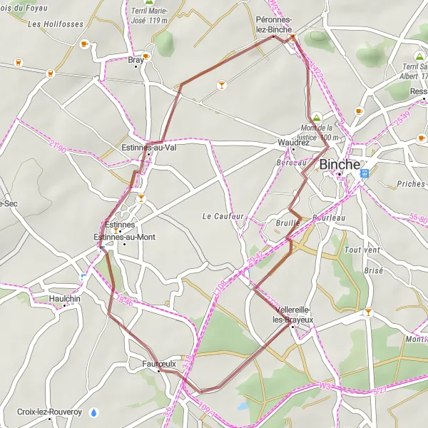 Map miniature of "Gravel Route to Mont de la Justice" cycling inspiration in Prov. Hainaut, Belgium. Generated by Tarmacs.app cycling route planner