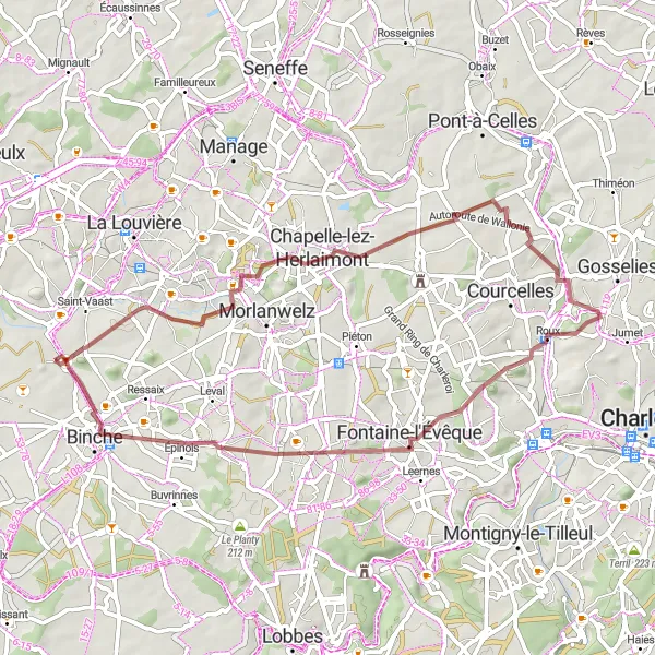 Map miniature of "Gravel Route around Péronnes" cycling inspiration in Prov. Hainaut, Belgium. Generated by Tarmacs.app cycling route planner