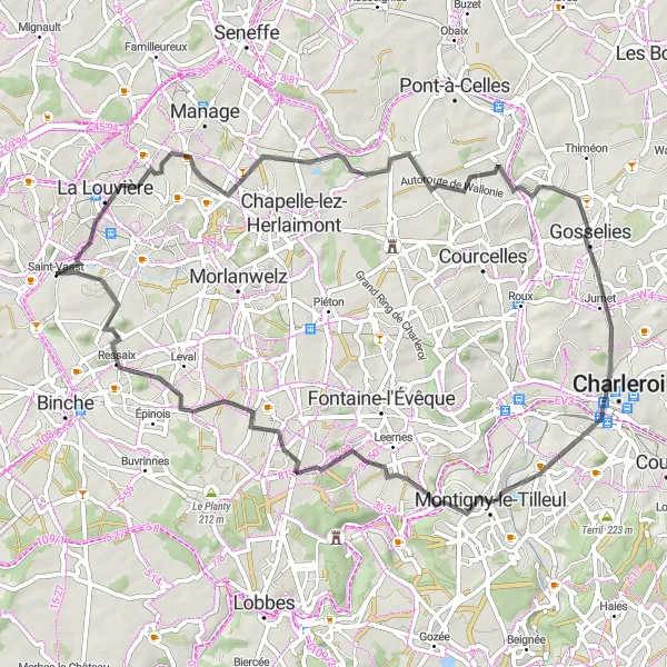 Karten-Miniaturansicht der Radinspiration "Rundweg mit historischen Terrils bei Péronnes" in Prov. Hainaut, Belgium. Erstellt vom Tarmacs.app-Routenplaner für Radtouren