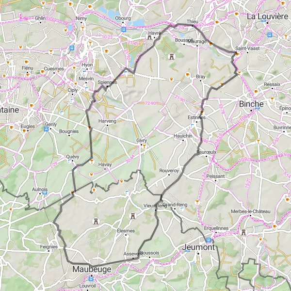 Map miniature of "Road Route to Spiennes" cycling inspiration in Prov. Hainaut, Belgium. Generated by Tarmacs.app cycling route planner