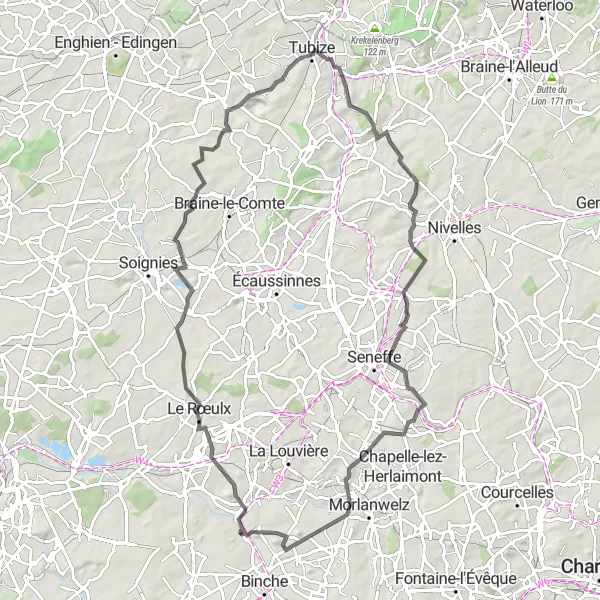 Miniatuurkaart van de fietsinspiratie "Wegroute door pittoreske dorpen" in Prov. Hainaut, Belgium. Gemaakt door de Tarmacs.app fietsrouteplanner