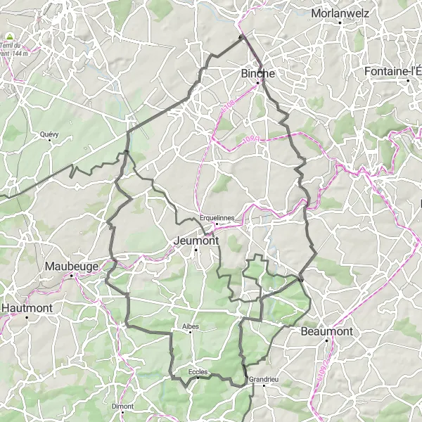 Map miniature of "Road Route to Estinnes-au-Val" cycling inspiration in Prov. Hainaut, Belgium. Generated by Tarmacs.app cycling route planner