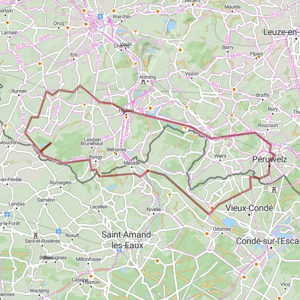 Karten-Miniaturansicht der Radinspiration "Abenteuerliche Gravel-Tour von Hergnies nach Callenelle" in Prov. Hainaut, Belgium. Erstellt vom Tarmacs.app-Routenplaner für Radtouren