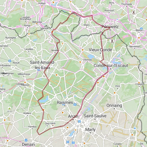 Miniatuurkaart van de fietsinspiratie "Grindpaden van Péruwelz naar Saint-Amand-les-Eaux" in Prov. Hainaut, Belgium. Gemaakt door de Tarmacs.app fietsrouteplanner