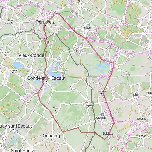 Map miniature of "Péruwelz to Château de l'Hermitage Gravel Route" cycling inspiration in Prov. Hainaut, Belgium. Generated by Tarmacs.app cycling route planner