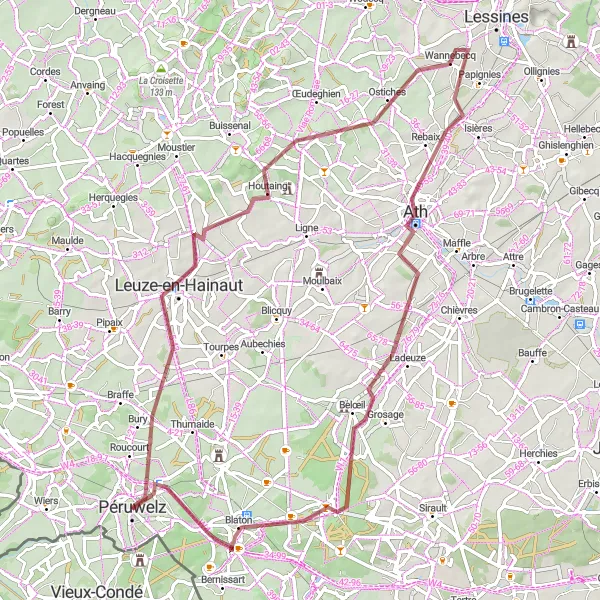Miniature de la carte de l'inspiration cycliste "Les Châteaux et Villages de Campagne" dans la Prov. Hainaut, Belgium. Générée par le planificateur d'itinéraire cycliste Tarmacs.app