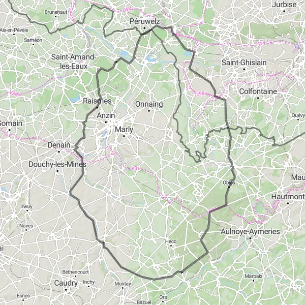 Miniature de la carte de l'inspiration cycliste "Parcours des Châteaux" dans la Prov. Hainaut, Belgium. Générée par le planificateur d'itinéraire cycliste Tarmacs.app