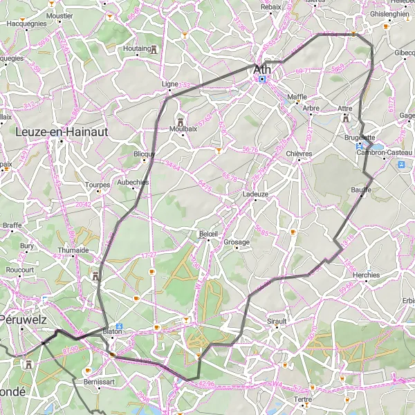 Miniatuurkaart van de fietsinspiratie "Wegroutes van Péruwelz naar Blaton" in Prov. Hainaut, Belgium. Gemaakt door de Tarmacs.app fietsrouteplanner