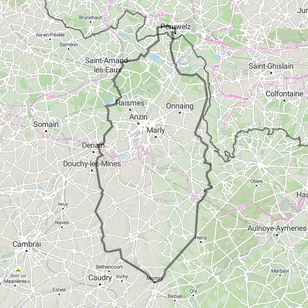 Miniature de la carte de l'inspiration cycliste "Parcours cyclable sur route à travers la campagne de Hainaut" dans la Prov. Hainaut, Belgium. Générée par le planificateur d'itinéraire cycliste Tarmacs.app