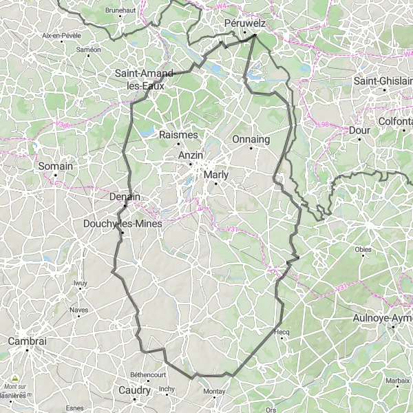 Map miniature of "Quiévrechain to Maison du Parc naturel des Plaines de l'Escaut" cycling inspiration in Prov. Hainaut, Belgium. Generated by Tarmacs.app cycling route planner