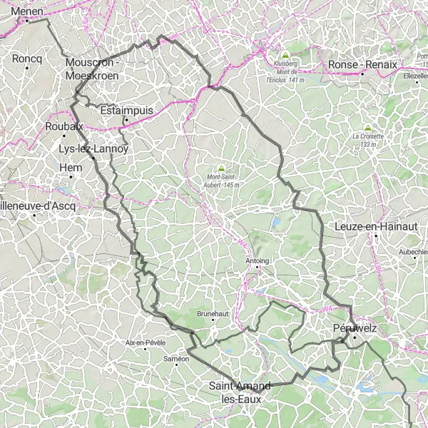 Miniatuurkaart van de fietsinspiratie "Wegroutes van Péruwelz naar Baugnies" in Prov. Hainaut, Belgium. Gemaakt door de Tarmacs.app fietsrouteplanner