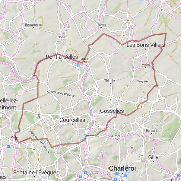 Karten-Miniaturansicht der Radinspiration "Rundweg von Piéton nach Gouy-lez-Piéton" in Prov. Hainaut, Belgium. Erstellt vom Tarmacs.app-Routenplaner für Radtouren
