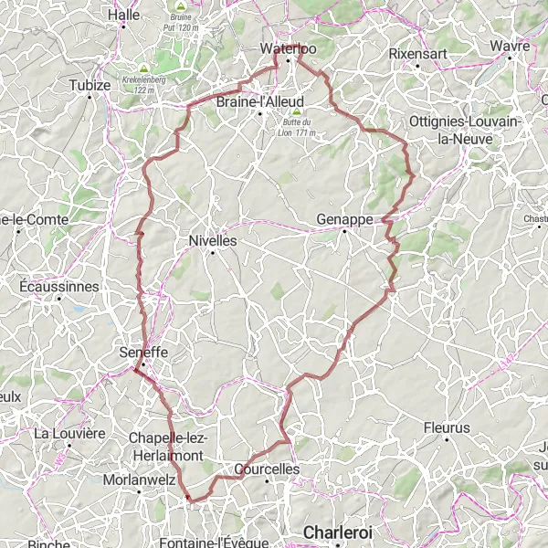 Miniatuurkaart van de fietsinspiratie "Avontuurlijke gravelroute door Seneffe en Wauthier-Braine" in Prov. Hainaut, Belgium. Gemaakt door de Tarmacs.app fietsrouteplanner