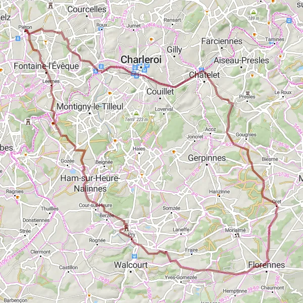Karten-Miniaturansicht der Radinspiration "Gravel Rundtour durch die Umgebung von Piéton" in Prov. Hainaut, Belgium. Erstellt vom Tarmacs.app-Routenplaner für Radtouren