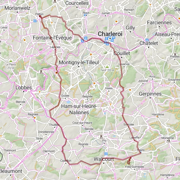 Map miniature of "Marchienne-au-Pont to Château de la Marche Gravel Route" cycling inspiration in Prov. Hainaut, Belgium. Generated by Tarmacs.app cycling route planner