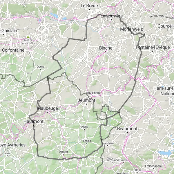 Karten-Miniaturansicht der Radinspiration "Rundfahrt von Piéton nach Leers-et-Fosteau und Carnières" in Prov. Hainaut, Belgium. Erstellt vom Tarmacs.app-Routenplaner für Radtouren