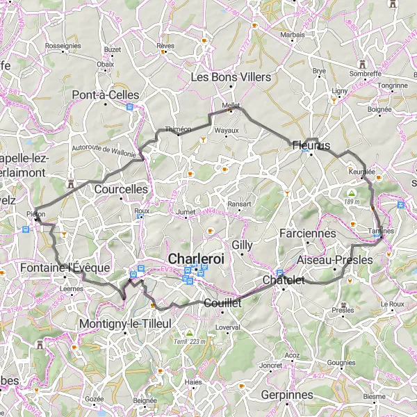 Map miniature of "Viesville to Château de Fontaine-l'Évêque Road Route" cycling inspiration in Prov. Hainaut, Belgium. Generated by Tarmacs.app cycling route planner