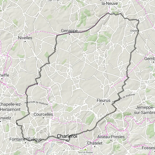 Karten-Miniaturansicht der Radinspiration "Rundfahrt von Piéton nach Trazegnies und Gilly" in Prov. Hainaut, Belgium. Erstellt vom Tarmacs.app-Routenplaner für Radtouren