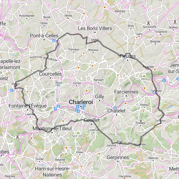 Miniatuurkaart van de fietsinspiratie "Heuvelachtige wegfietsroute naar Piéton" in Prov. Hainaut, Belgium. Gemaakt door de Tarmacs.app fietsrouteplanner