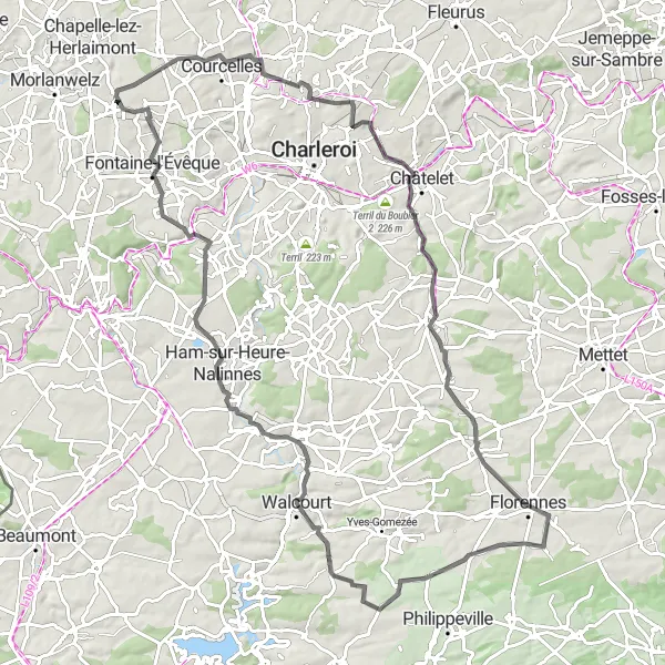 Karten-Miniaturansicht der Radinspiration "Rundweg von Piéton nach Trazegnies" in Prov. Hainaut, Belgium. Erstellt vom Tarmacs.app-Routenplaner für Radtouren
