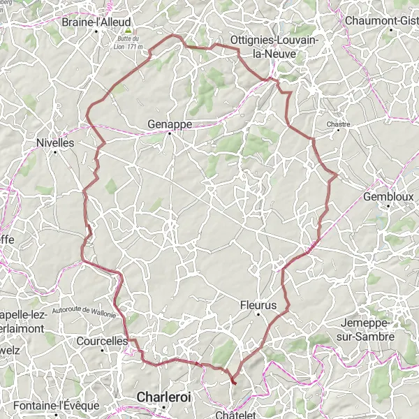 Miniatuurkaart van de fietsinspiratie "Gravelroute door historische locaties van Pironchamps" in Prov. Hainaut, Belgium. Gemaakt door de Tarmacs.app fietsrouteplanner