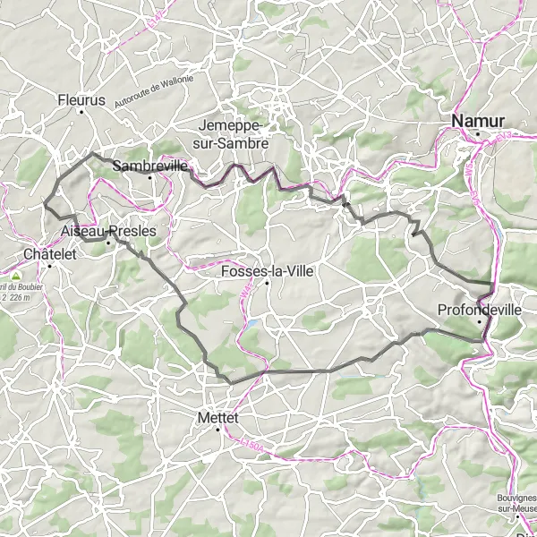 Karten-Miniaturansicht der Radinspiration "Rundweg über Auvelais, Franière, Arbre, Le Roux und Pont-de-Loup" in Prov. Hainaut, Belgium. Erstellt vom Tarmacs.app-Routenplaner für Radtouren