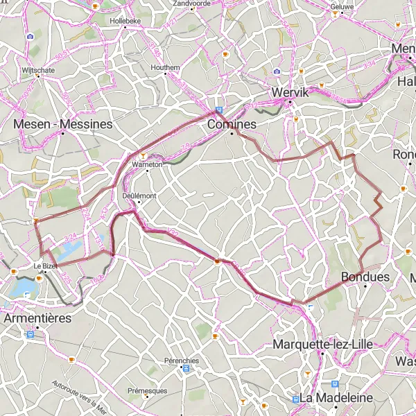 Miniature de la carte de l'inspiration cycliste "Parcours de Gravel autour de Ploegsteert" dans la Prov. Hainaut, Belgium. Générée par le planificateur d'itinéraire cycliste Tarmacs.app