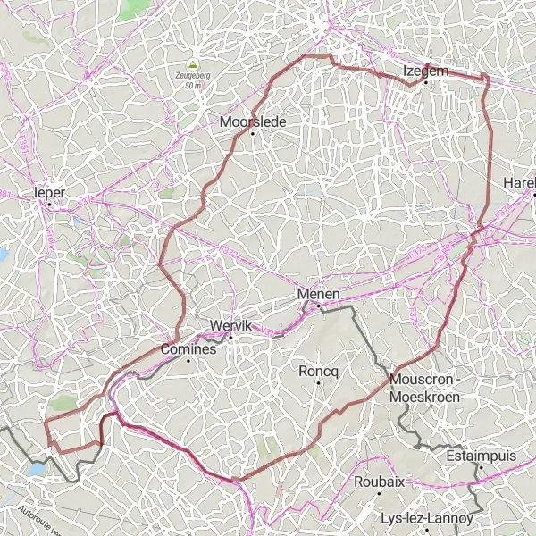 Miniature de la carte de l'inspiration cycliste "Grand Tour de 100 km près de Ploegsteert" dans la Prov. Hainaut, Belgium. Générée par le planificateur d'itinéraire cycliste Tarmacs.app
