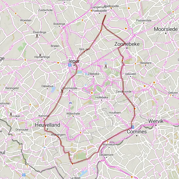 Miniature de la carte de l'inspiration cycliste "La Boucle de Wulvergem" dans la Prov. Hainaut, Belgium. Générée par le planificateur d'itinéraire cycliste Tarmacs.app