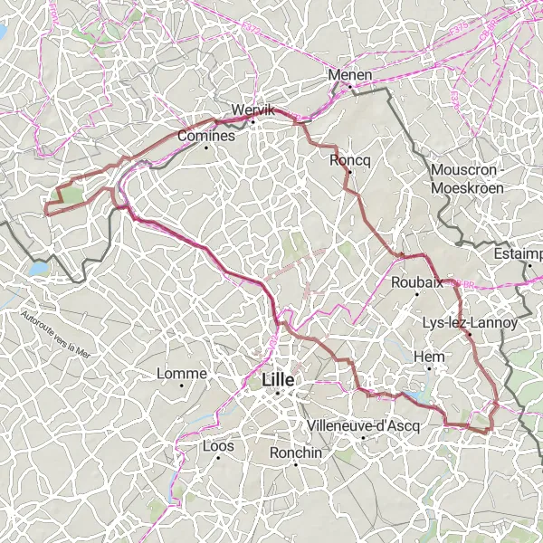 Miniatuurkaart van de fietsinspiratie "Gravelroute vanuit Ploegsteert naar Willems" in Prov. Hainaut, Belgium. Gemaakt door de Tarmacs.app fietsrouteplanner
